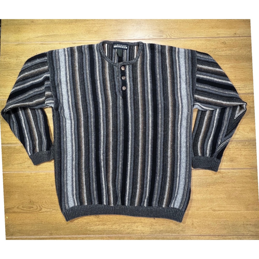 L HOMME L HOWME‎ Mens Striped Henley Knit Sweater Gray Brown Black Size L